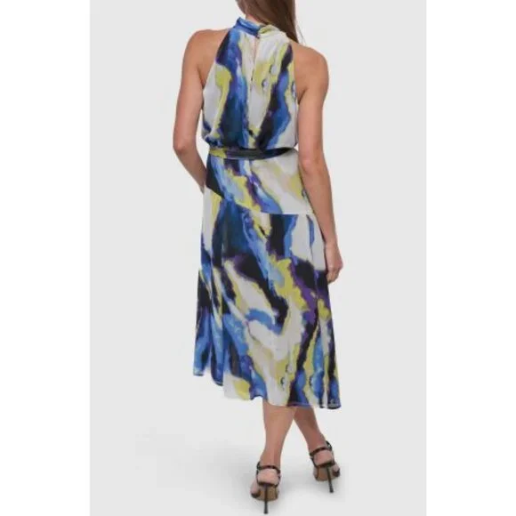 DKNY Womens Sleeveless Halter Chiffon Crinkle Midi Belt Dress Vertical Wave NWT - Picture 2 of 2